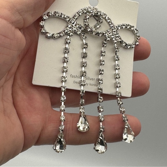 Unbranded Jewelry - Rhinestone Bow Statement Earrings Silver Crystal Teardrop Dangle